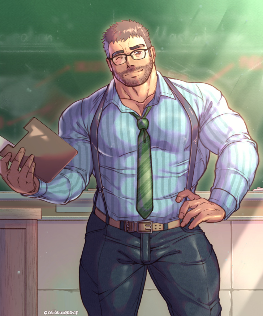 1boy, bara, beard_stubble, chalkboard, contrapposto, covered_erect_nipples, desk, facial_hair
