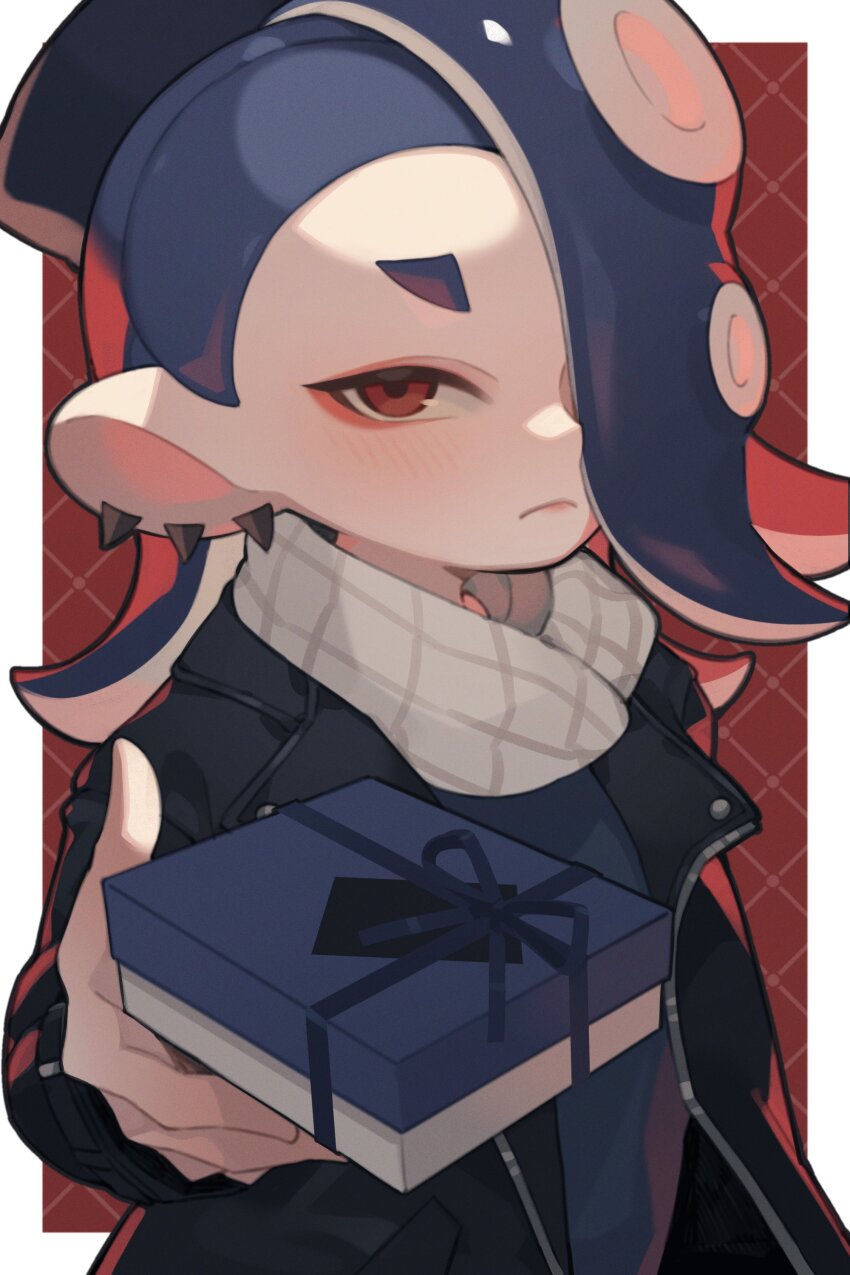 1girl, absurdres, argyle_background, argyle_clothes, black_headwear, black_jacket, blue_hair, border