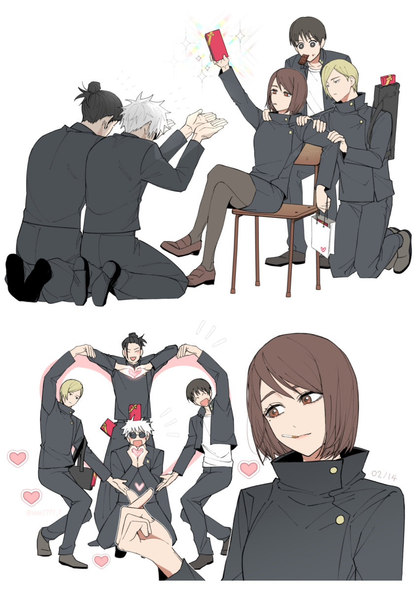 1girl, 4boys, :d, ^_^, arm_up, bag, black_eyes, black_footwear