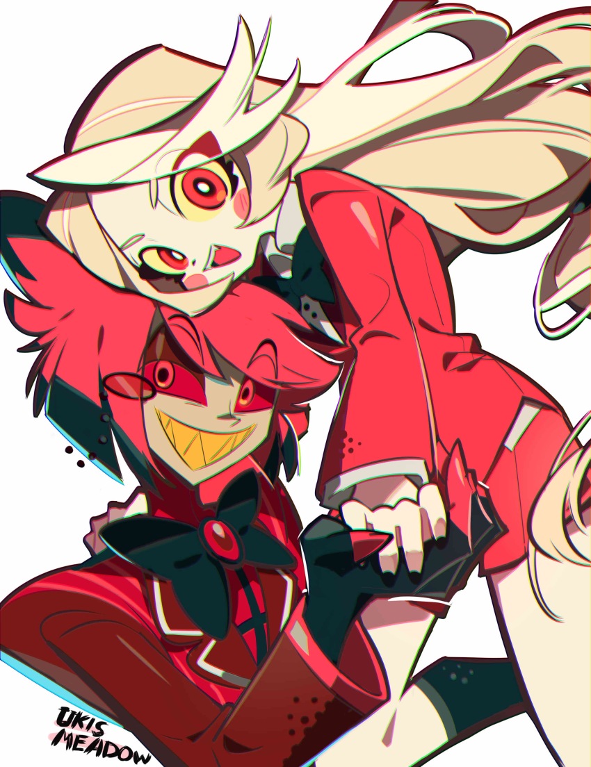 1boy, 1girl, :d, absurdres, alastor_(hazbin_hotel), animal_ears, artist_name, black_bow