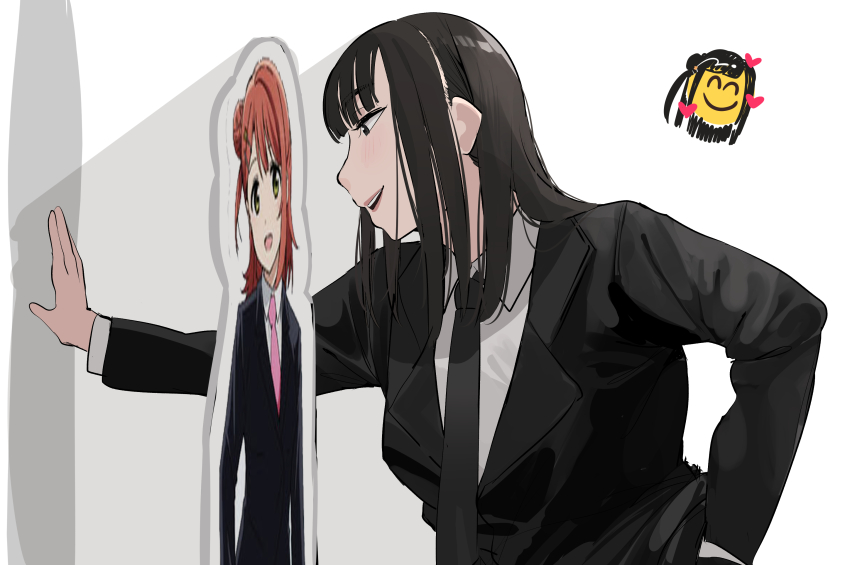 2girls, absurdres, black_hair, black_necktie, black_suit, blush, character_cutout, collared_shirt, commentary, formal_clothes, from_side, grey_eyes, hair_bun, highres, jacket, kabedon, long_sleeves, love_live!, love_live!_nijigasaki_high_school_idol_club, medium_hair, multiple_girls, necktie, okpriko, oonishi_aguri, open_mouth, pink_necktie, real_life, shade, shirt, sidelocks, single_side_bun, suit, suit_jacket, uehara_ayumu, upper_body, voice_actor, white_shirt, yano_hinaki, yellow_necktie