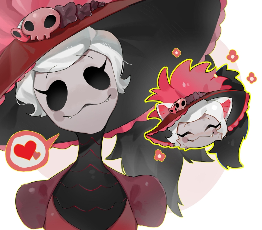 1girl, :3, ^_^, animal_ears, cat_ears, chinese_commentary, closed_eyes, closed_mouth, colored_skin, commentary_request, eyelashes, fangs, fangs_out, feathers, flower, grey_skin, hat, hat_feather, hazbin_hotel, head_tilt, heart, hellaverse, highres, liu_he_gou_de_guan, looking_at_viewer, multiple_views, outline, pink_background, puffy_short_sleeves, puffy_sleeves, red_feathers, red_headwear, rosie_(hazbin_hotel), short_hair, short_sleeves, simple_background, solid_oval_eyes, spoken_heart, two-tone_background, upper_body, white_background, white_hair, yellow_outline