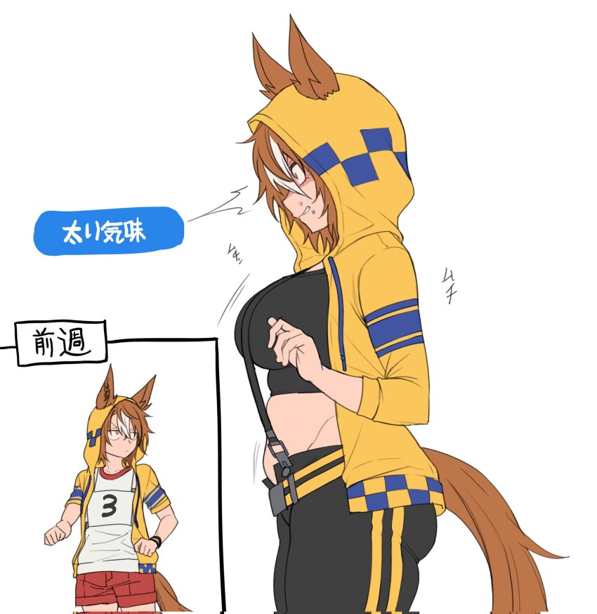 1girl, alternate_breast_size, animal_ears, breasts, brown_hair, commentary, crop_top, dicta_striker_(umamusume)