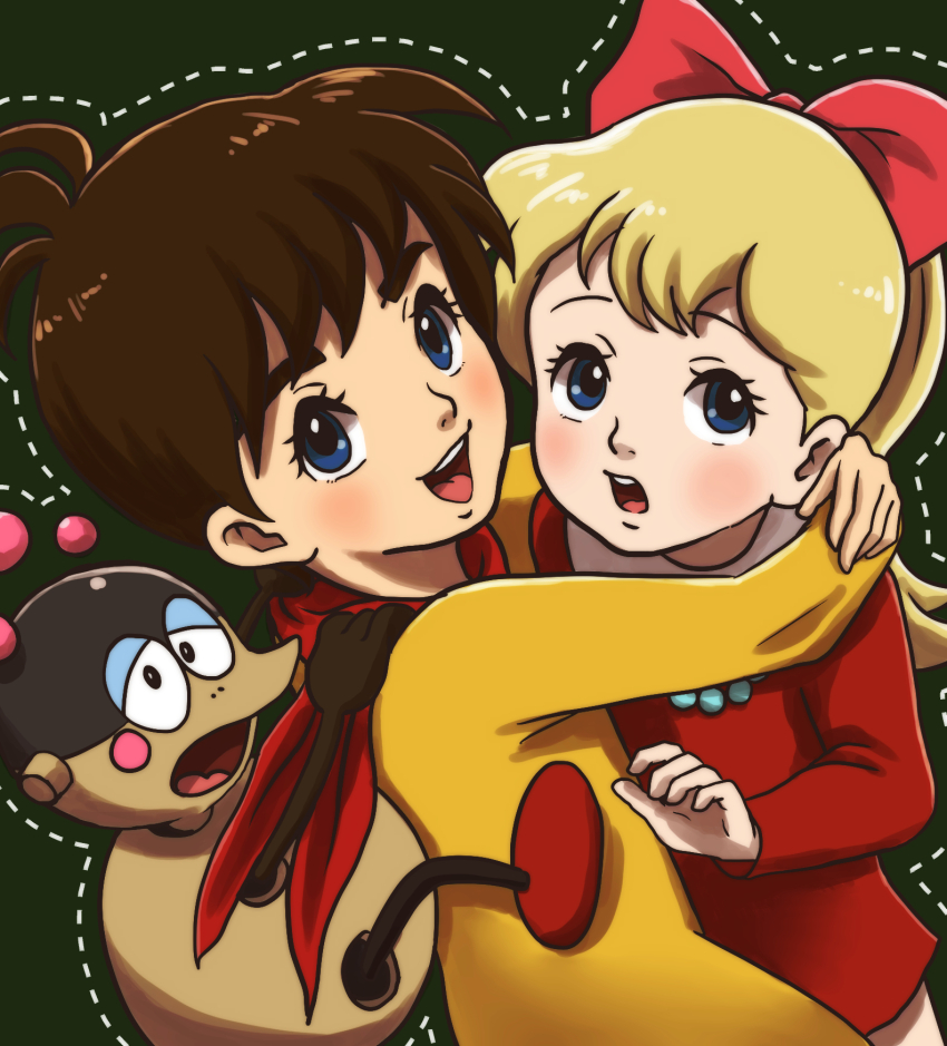 1boy, 1girl, bariquand_(chargeman_ken!), blonde_hair, blue_eyes, blush, bodysuit, brown_hair