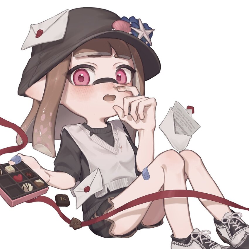 1girl, bandaid, bandaid_on_hand, bandaid_on_leg, black_hat, black_shorts, blush, box