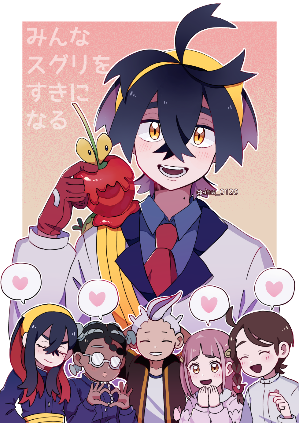 2boys, 4girls, :d, amane_(ama_yzk00), amarys_(pokemon), black_hair, blue_shirt, carmine_(pokemon)