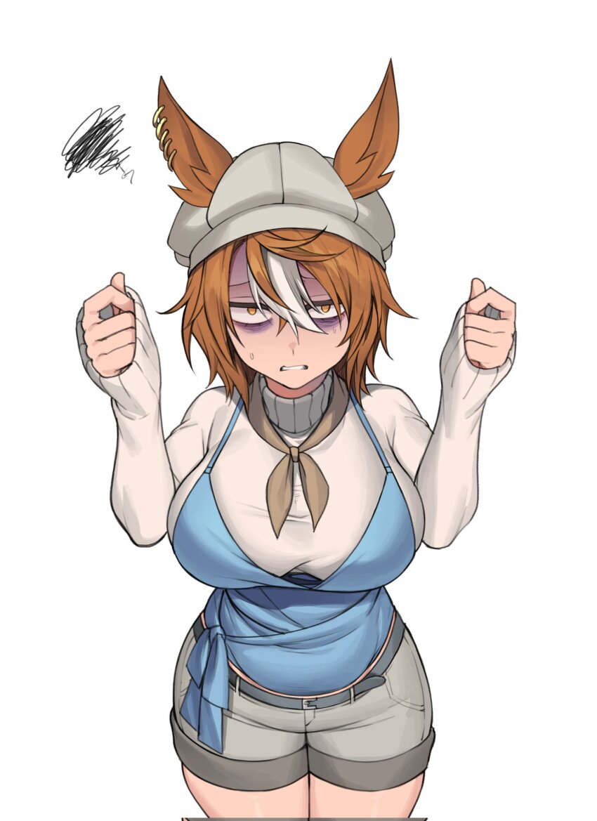 1girl, alternate_breast_size, belt, casual, commentary, cosplay, cowboy_shot, dicta_striker_(umamusume), ear_piercing, ears_through_headwear, from_above, fukuro_(maruaru00), grey_belt, grey_hat, grey_shorts, hair_between_eyes, hat, highres, long_sleeves, looking_at_viewer, looking_up, multicolored_hair, narita_top_road_(umamusume), narita_top_road_(umamusume)_(cosplay), newsboy_cap, orange_eyes, orange_hair, piercing, sanpaku, shaded_face, short_shorts, shorts, simple_background, sleeves_past_wrists, solo, squiggle, streaked_hair, sweatdrop, sweater, turtleneck, two-tone_hair, umamusume, umamusume:_cinderella_gray, umamusume_horse_relations, white_background, white_hair