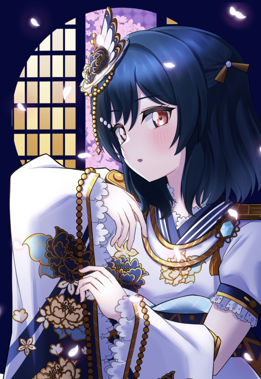 1girl, ame_(amedayo_njgk), black_hair, blush, commentary, detached_sleeves, furisode, hair_between_eyes