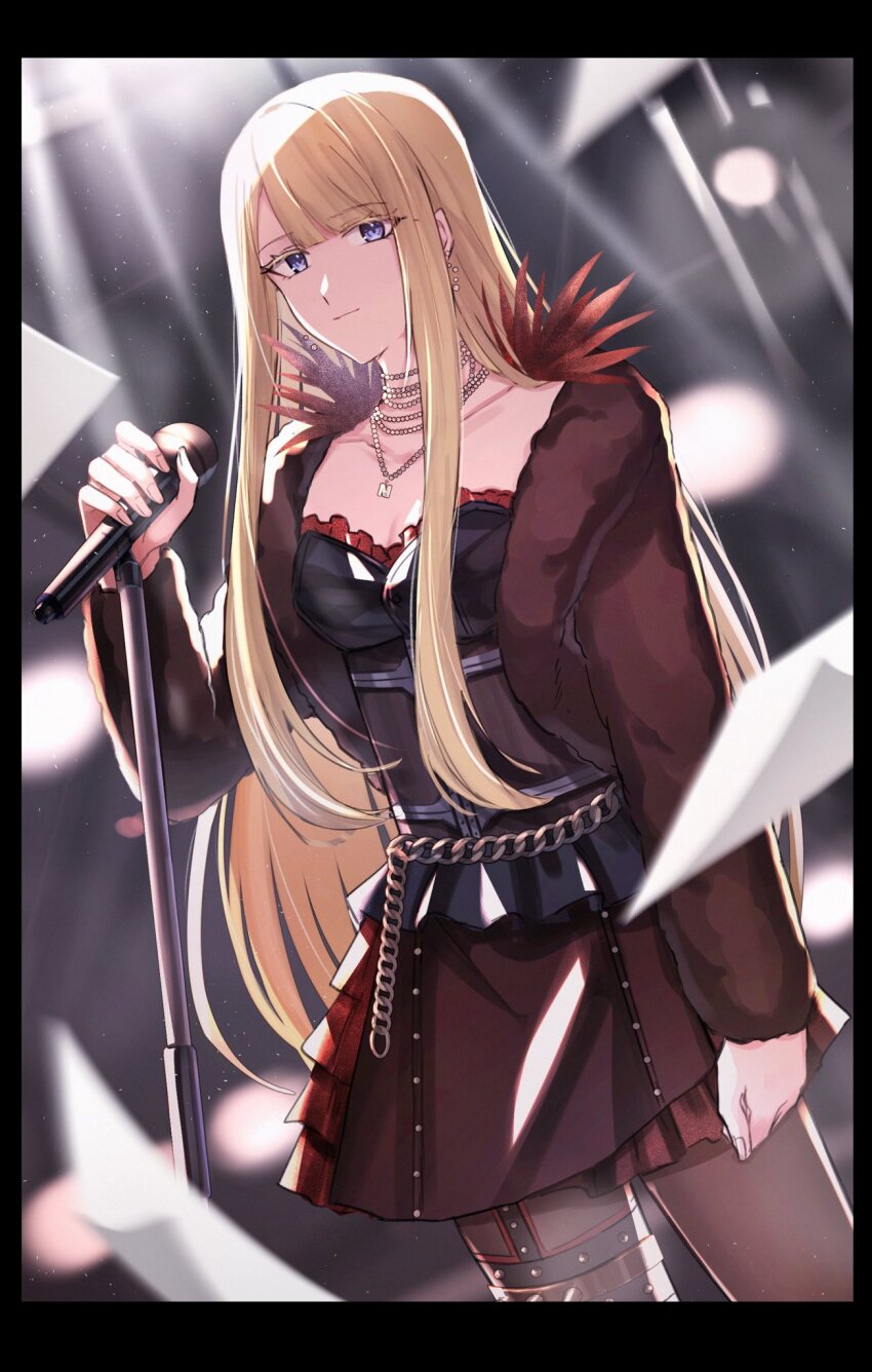 aoki_shizumi, black_pantyhose, blonde_hair, closed_mouth, coat, d4dj, earrings, frilled_thigh_strap, fur_coat, highres, holding, holding_microphone, jewelry, looking_at_viewer, microphone, necklace, neo_(d4dj), pantyhose, skirt, thigh_strap