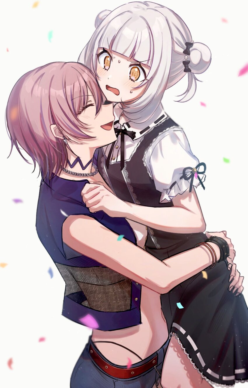 2girls, aoki_shizumi, blush, bracelet, brown_eyes, d4dj, earrings, elsie_(d4dj), hair_bun, hair_ornament, highres, hug, jewelry, laughing, looking_at_another, multiple_girls, necklace, pink_hair, shy, weronika_(d4dj), white_hair