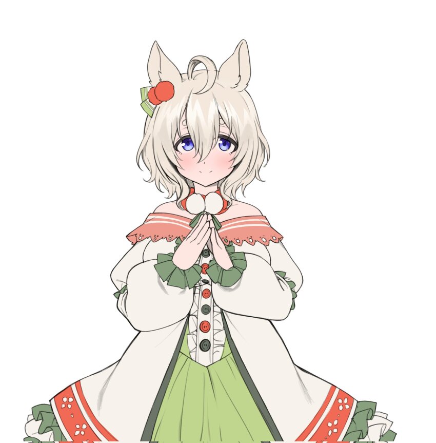 1girl, ahoge, animal_ears, bare_shoulders, blue_eyes, center_frills, coat, commentary, dress, ear_ornament, eyebrows_hidden_by_hair, frilled_coat, frills, fukuro_(maruaru00), genderswap, genderswap_(mtf), green_dress, hair_between_eyes, highres, horse_ears, horse_girl, koolinger_(racehorse), light_brown_hair, off-shoulder_coat, off_shoulder, original, own_hands_together, personification, pom_pom_(clothes), short_eyebrows, short_hair, simple_background, solo, thick_eyebrows, umamusume, upper_body, wavy_hair, white_background