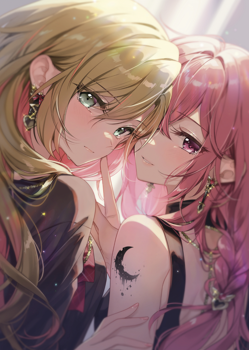 2girls, blonde_hair, blush, braid, clip_studio_paint_(medium), commentary_request, crescent, crescent_moon