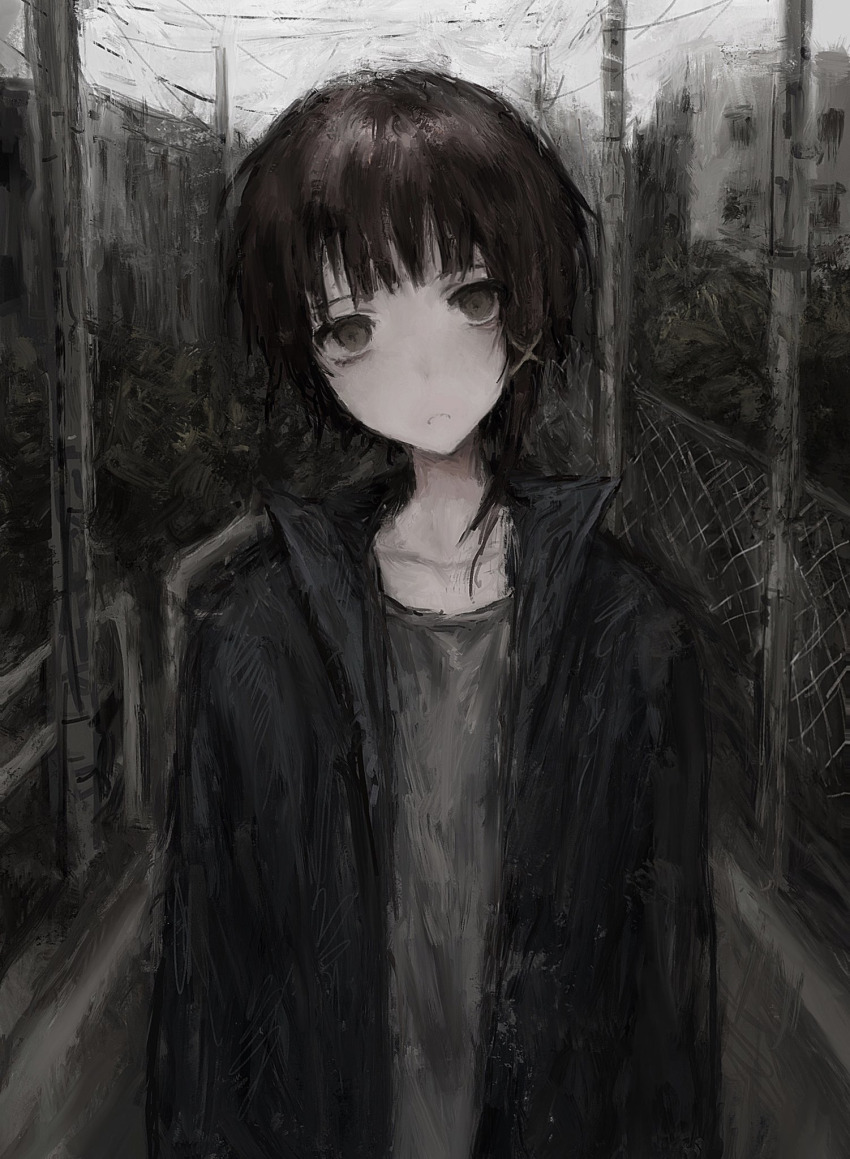 1girl, breasts, chan8016, closed_mouth, expressionless, hairband, highres, iwakura_lain, jacket, long_sleeves, looking_at_viewer, monochrome, open_clothes, open_jacket, outdoors, serial_experiments_lain, short_hair, small_breasts, solo, standing, upper_body
