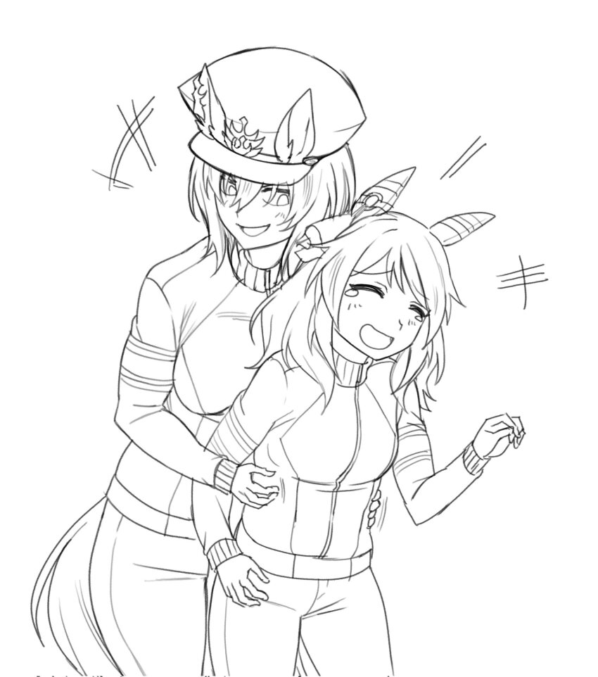 +++, 2girls, animal_ears, commentary, ear_covers, ear_ornament, ears_through_headwear, fukuro_(maruaru00)