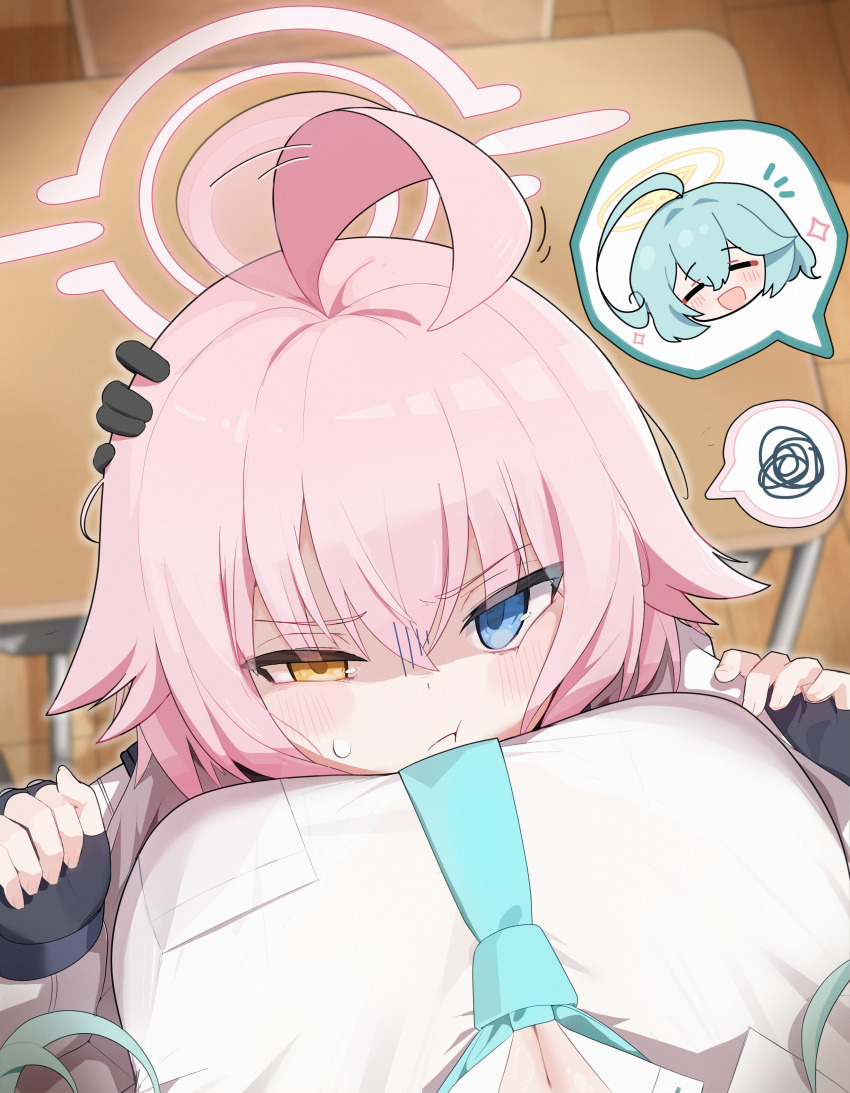 2girls, absurdres, ahoge, annoyed, aqua_eyes, aqua_hair, aqua_necktie, black_gloves