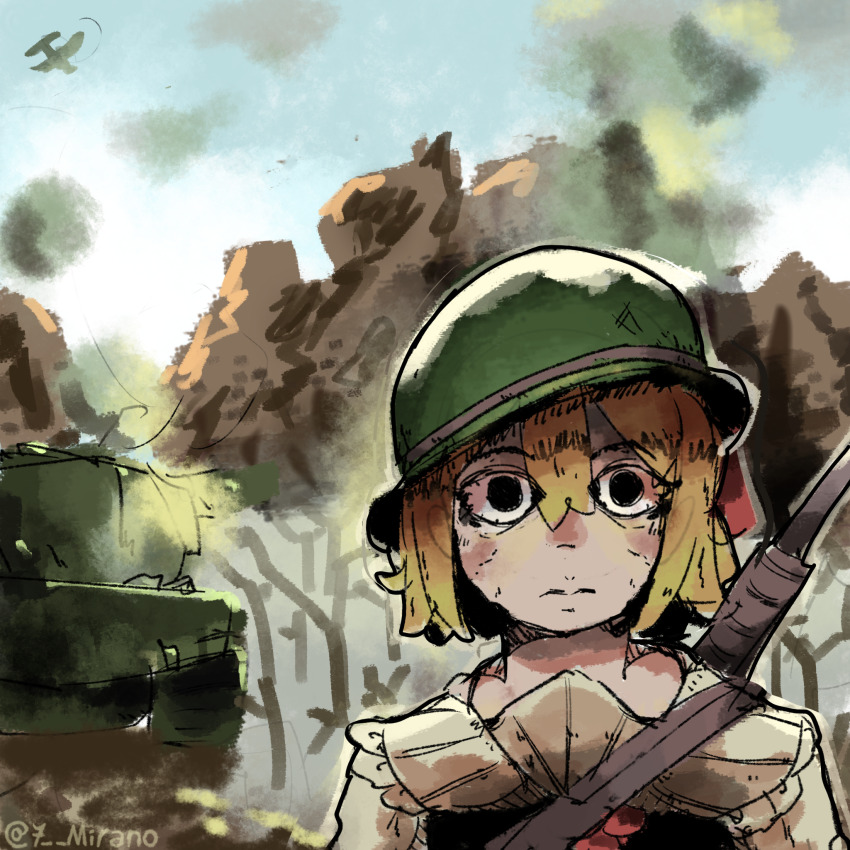 1girl, 7-mirano, aircraft, airplane, black_vest, blonde_hair, combat_helmet, gun