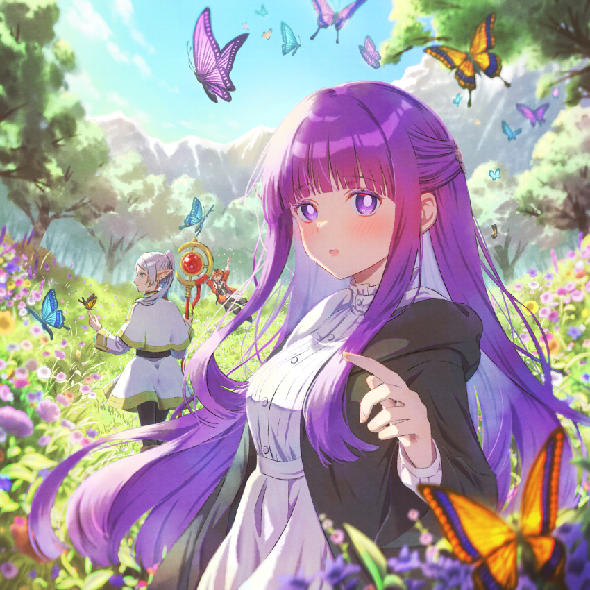 2girls, absurdres, akino_miyu, black_pantyhose, black_robe, blue_sky, blunt_bangs, blurry, breasts, bug, butterfly, butterfly_hair_ornament, butterfly_on_hand, buttons, capelet, collar, commentary_request, cut_bangs, depth_of_field, dress, elf, fern_(sousou_no_frieren), field, flower, flower_field, forest, frieren, frilled_collar, frills, green_eyes, grey_hair, hair_ornament, highres, holding, holding_staff, hood, hood_down, hooded_robe, insect, large_breasts, long_dress, long_hair, long_sleeves, looking_at_viewer, mountainous_horizon, multiple_girls, nature, open_mouth, outdoors, pantyhose, pointy_ears, purple_eyes, purple_hair, robe, skirt, sky, sousou_no_frieren, staff, straight_hair, twintails, white_capelet, white_dress, white_skirt