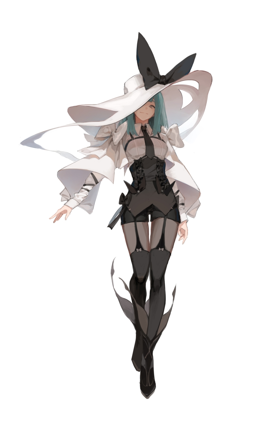 1girl, absurdres, ankle_boots, aqua_hair, arm_at_side, black_boots, black_bow, black_necktie, black_shorts, black_thighhighs, blunt_bangs, boots, bow, buttons, chest_harness, closed_mouth, collared_shirt, double-breasted, frills, full_body, garter_straps, grey_eyes, harness, hat, hat_bow, hat_over_one_eye, highres, layered_sleeves, long_sleeves, looking_at_viewer, medium_hair, necktie, one_eye_covered, original, oversized_hat, pantyhose, rachelee618, shirt, shorts, simple_background, sleeve_bow, smile, solo, standing, sun_hat, thighhighs, underbust, unraveling, white_background, white_bow, white_hat, white_shirt