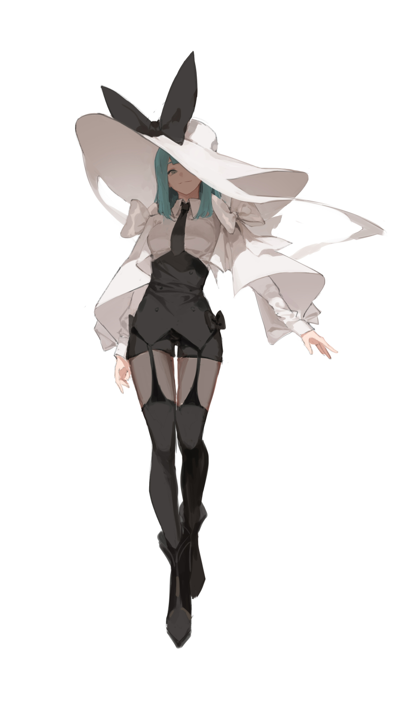 1girl, absurdres, ankle_boots, aqua_hair, arm_at_side, black_boots, black_bow, black_necktie, black_shorts, black_thighhighs, blunt_bangs, boots, bow, buttons, closed_mouth, collared_shirt, double-breasted, full_body, garter_straps, grey_eyes, hat, hat_bow, hat_over_one_eye, highres, layered_sleeves, long_sleeves, looking_at_viewer, medium_hair, necktie, one_eye_covered, original, oversized_hat, pantyhose, rachelee618, shirt, shorts, simple_background, sleeve_bow, smile, solo, standing, sun_hat, thighhighs, underbust, unraveling, white_background, white_bow, white_hat, white_shirt