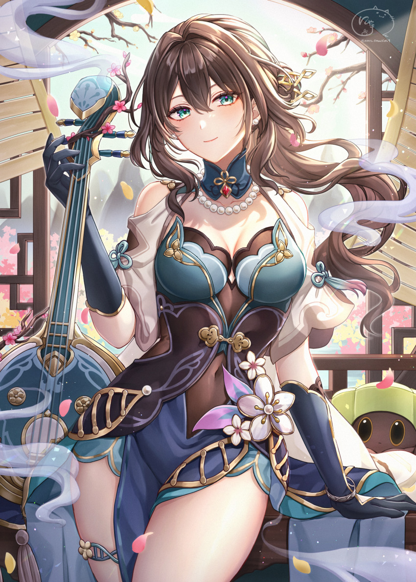 1girl, architecture, bangle, black_gloves, blue_eyes, bracelet, breasts, brown_hair