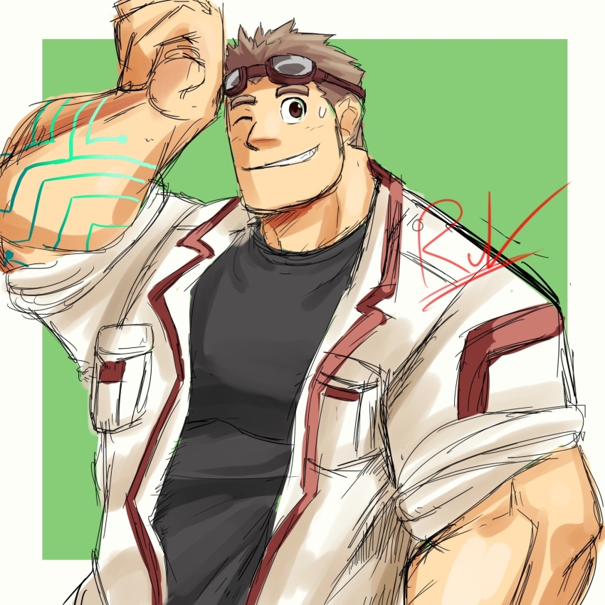 1boy, bara, body_markings, brown_hair, clenched_hand, goggles, goggles_on_head, hand_up, highres, kajiya_kurogane, large_pectorals, looking_at_viewer, male_focus, muscular, muscular_male, open_jumpsuit, pectorals, ruvkun, short_hair, solo, thick_eyebrows, tokyo_houkago_summoners, unfinished, upper_body