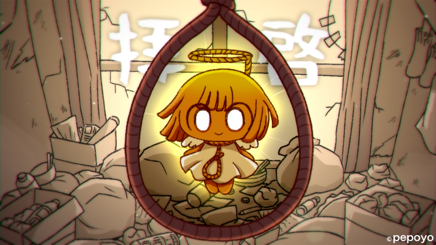 1girl, angel, angel_wings, arms_at_sides, aura, blunt_bangs, blunt_ends, bottle