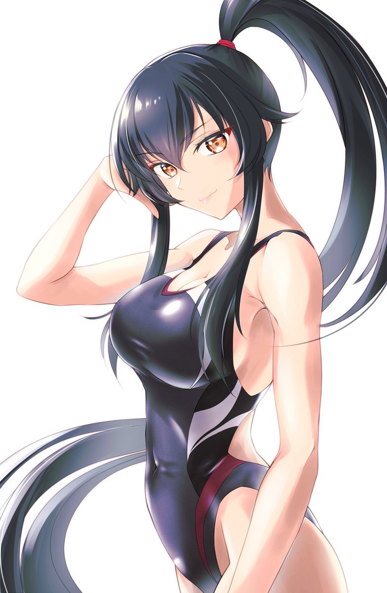 1girl, black_hair, black_one-piece_swimsuit, breasts, brown_eyes, commentary_request, competition_swimsuit, hair_flaps
