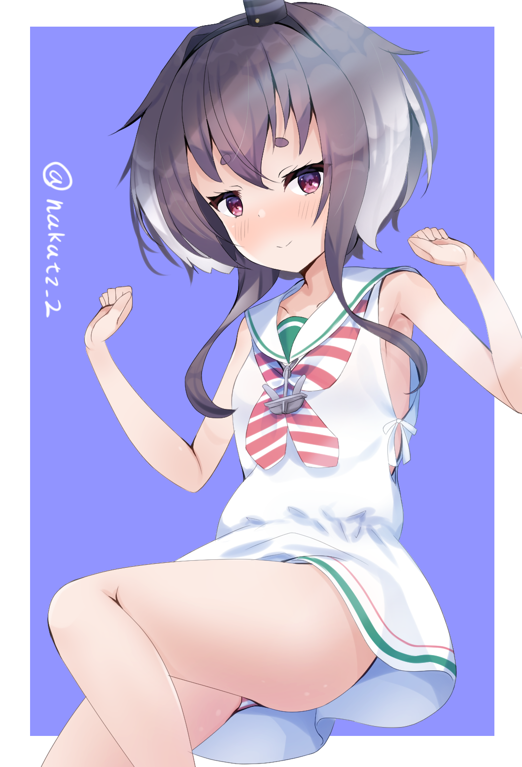 1girl, anchor_necklace, black_hair, blush, cosplay, dress, grey_hair, hat