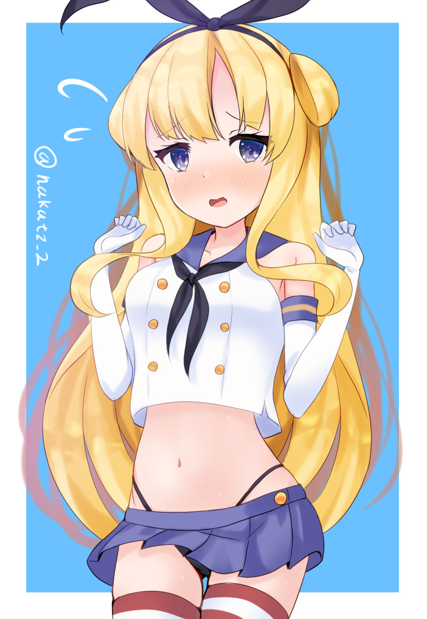 1girl, black_hairband, black_neckerchief, black_panties, blonde_hair, blue_background, blue_sailor_collar, blue_skirt