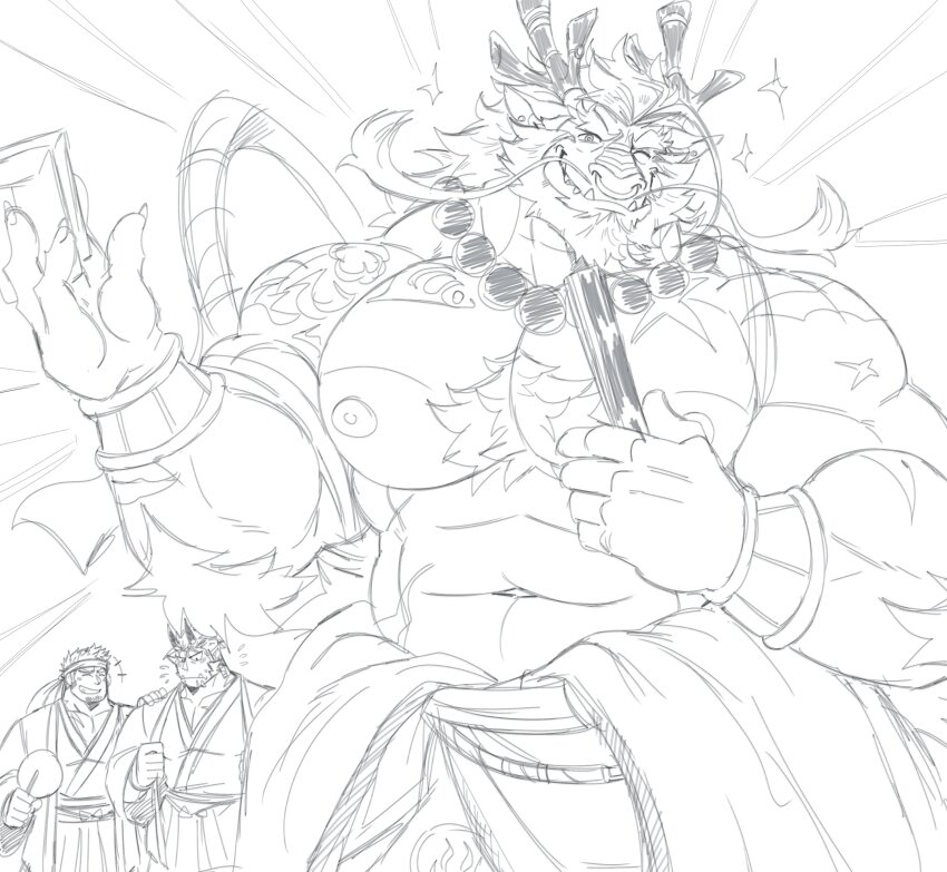 3boys, absurdres, alternate_costume, another_eidos-r, bara, beard, chest_hair, chest_tuft