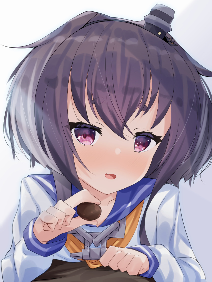 1boy, 1girl, black_hair, blush, brown_eyes, chocolate, dress, gradient_hair