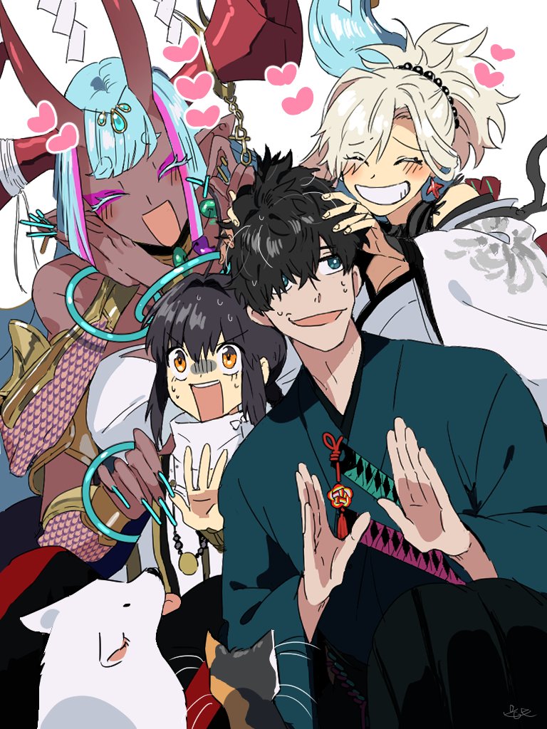 1boy, 1other, 2girls, adoptive_parent_and_adoptive_child, ahoge, amulet, androgynous, aqua_hair