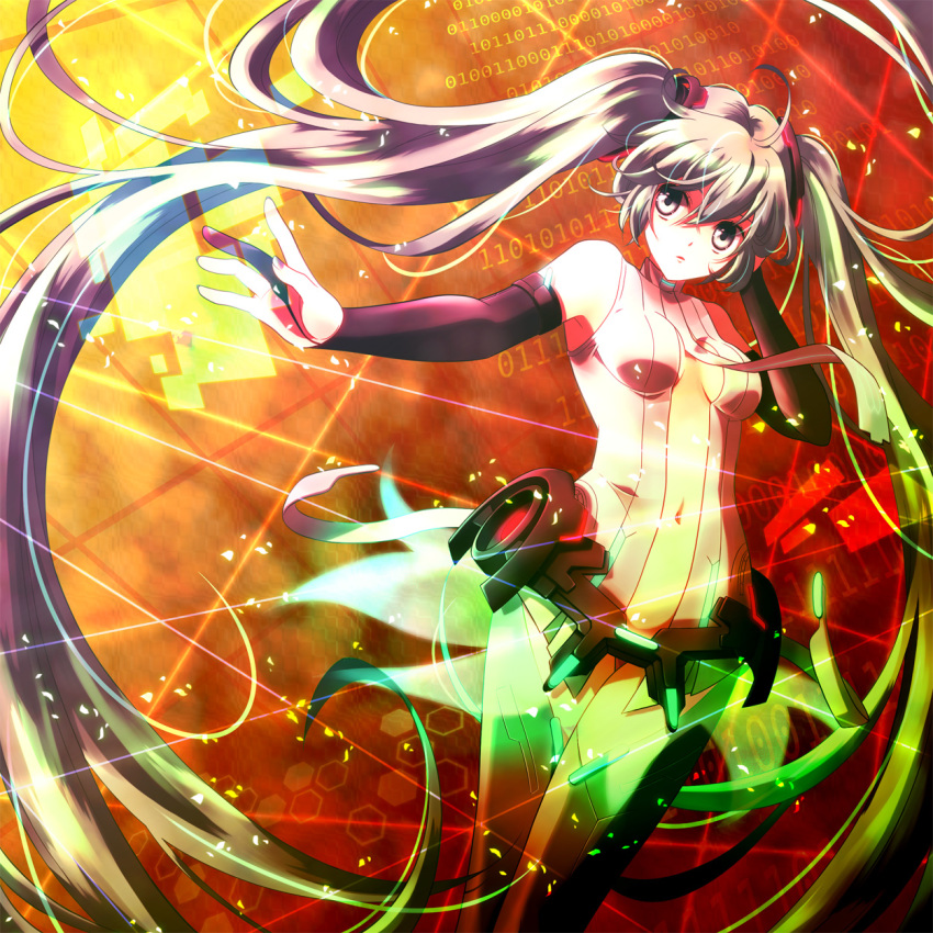 1girl, ahoge, binary, breasts, bridal_gauntlets, female_focus, hatsune_miku, hatsune_miku_(append)