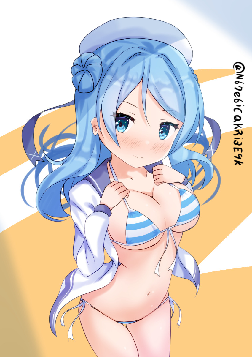1girl, bikini, blue_bikini, blue_eyes, blue_hair, blue_sailor_collar, blush, breasts