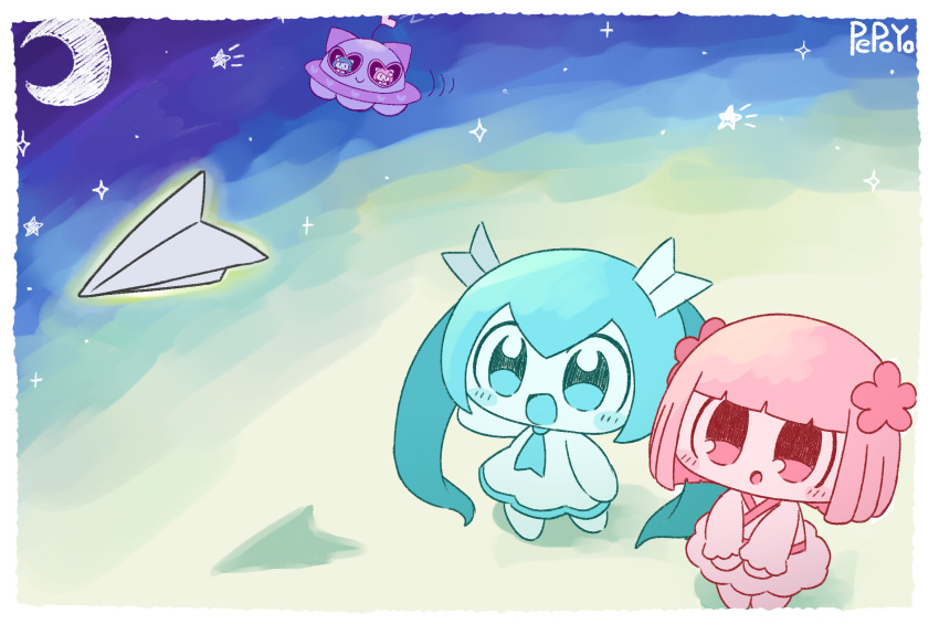 2girls, :o, aqua_eyes, aqua_hair, aqua_necktie, arm_up, artist_name, blunt_bangs, blunt_ends, blush, border, chibi, chibi_only, crescent, dress, flower, glowing, hair_flower, hair_ornament, hatsune_miku, highres, legs_together, looking_at_object, moon, multiple_girls, necktie, no_eyebrows, no_pupils, open_mouth, own_hands_together, paper, paper_airplane, pepoyo, pink_dress, pink_eyes, pink_flower, pink_hair, pointing, poyopep, poyoroid, poyoroid_(depression), poyoroid_(mania), short_hair, skirt, smile, spacecraft, standing, star_(sky), twintails, utau, vocaloid, vy1, white_border