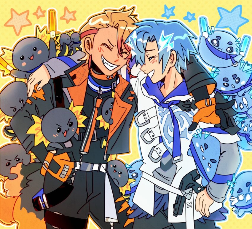 2boys, altventurer_(regis_altare), arms_on_another's_shoulder, axel_syrios, axelotl_(axel_syrios), axolotl, black_gloves, blonde_hair