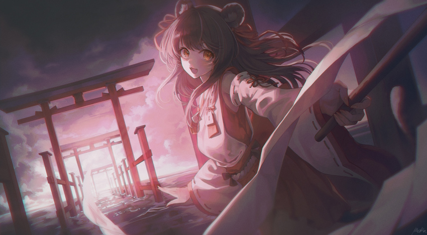 1girl, :3, animal_ears, brown_hair, cloud, cloudy_sky, detached_sleeves, fang