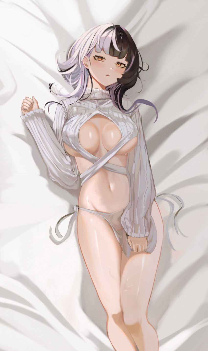 1girl, absurdres, bed_sheet, black_hair, breasts, commentary_request, dizzen, feet_out_of_frame, groin, hand_up, highres, hololive, hololive_english, large_breasts, long_hair, long_sleeves, looking_at_viewer, lying, midriff, multicolored_hair, navel, on_back, parted_lips, revealing_clothes, shiori_novella, solo, split-color_hair, stomach, thighs, virtual_youtuber, white_hair