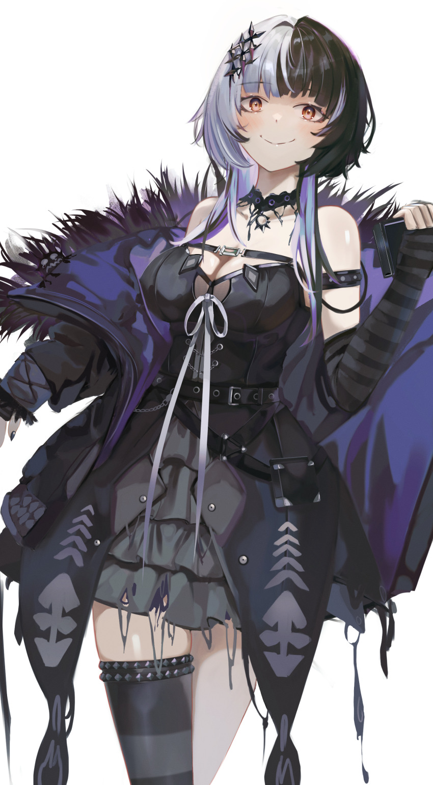 1girl, absurdres, arm_warmers, asymmetrical_legwear, belt, black_belt, black_choker, black_coat