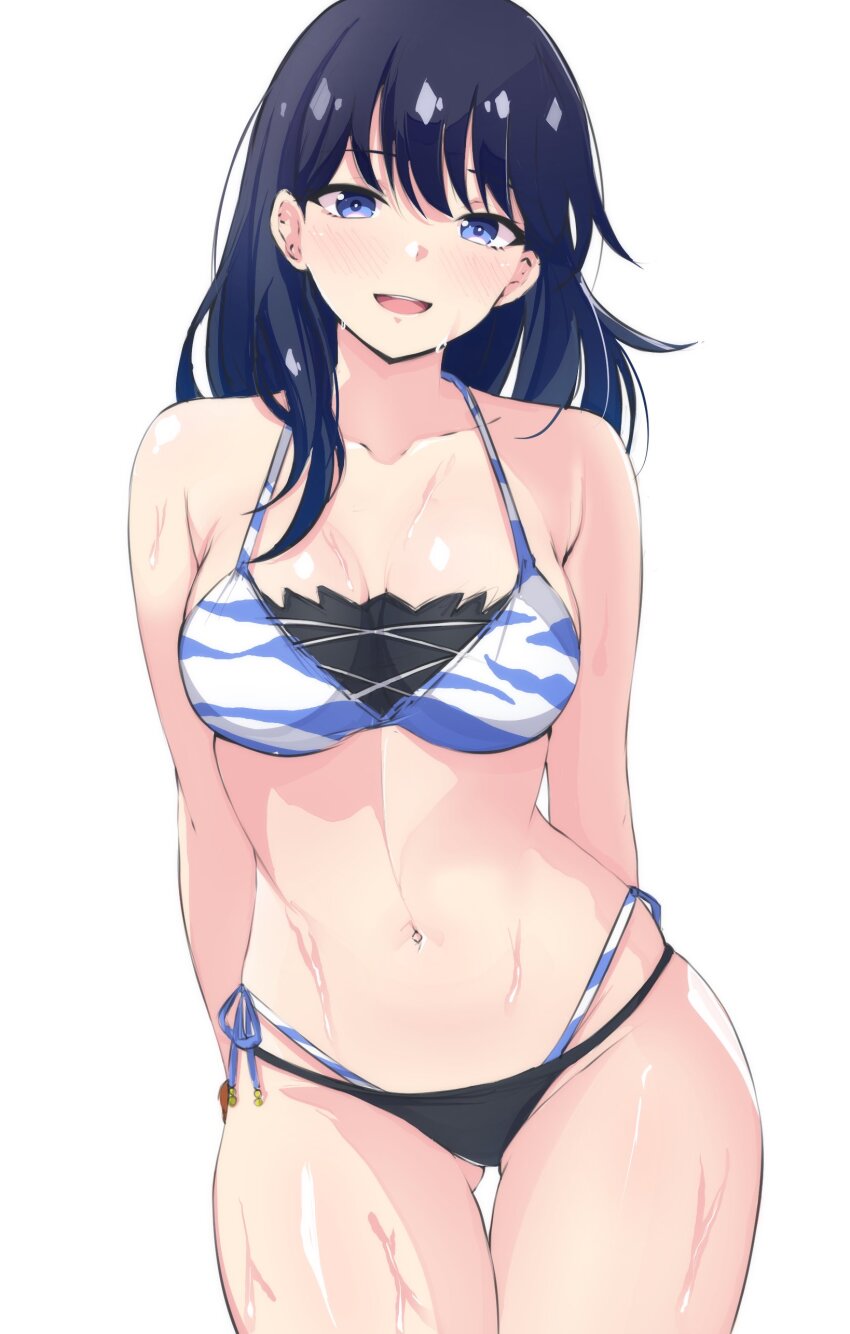 1girl, absurdres, bikini, black_hair, blue_eyes, breasts, collarbone, commentary_request, gluteal_fold, gridman_universe, highres, large_breasts, latte_(latte_daruta2), long_hair, looking_at_viewer, multicolored_bikini, navel, open_mouth, side-tie_bikini_bottom, smile, solo, ssss.gridman, stomach, swimsuit, takarada_rikka, thigh_gap, wet, white_background
