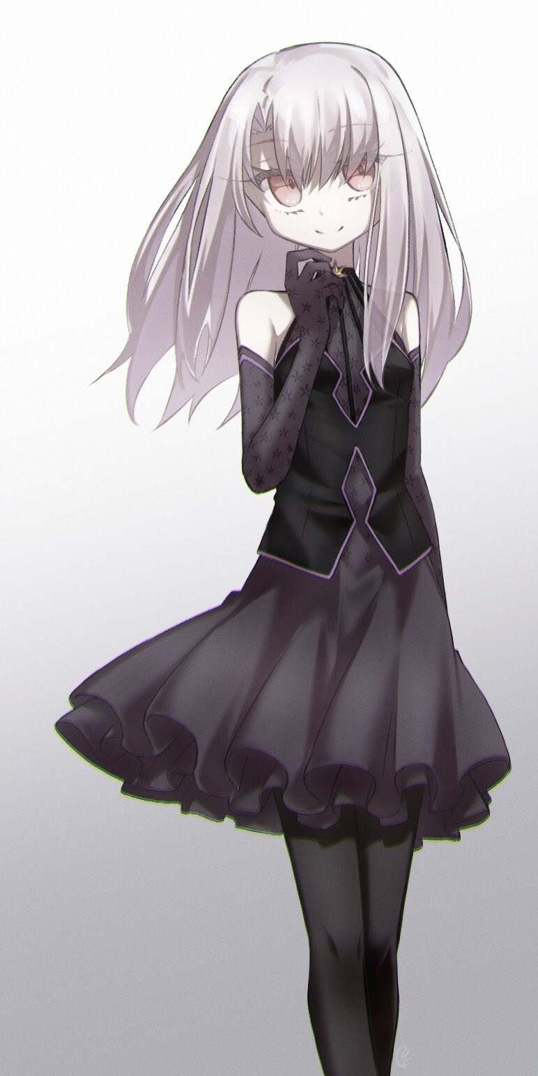 1girl, bare_shoulders, black_dress, black_gloves, black_thighhighs, breasts, dress, elbow_gloves