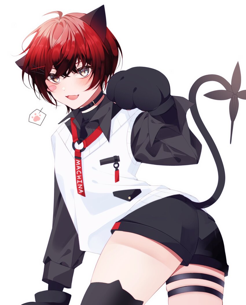 1boy, :3, absurdres, ahoge, animal_ear_legwear, animal_ears, animal_hands, ass, black_choker, black_shirt, black_shorts, black_thighhighs, blush, cat_ear_legwear, cat_ears, cat_paws, cat_tail, choker, collared_shirt, commentary, fang, from_behind, gloves, hair_between_eyes, hairpin, highres, holostars, holostars_english, looking_at_viewer, machina_x_flayon, machina_x_flayon_(2nd_costume), male_focus, mechanical_tail, multiple_hairpins, open_mouth, paw_gloves, paw_pose, paw_print, red_hair, shirt, shorts, skindentation, solo, suhyo, sweater_vest, tail, thigh_strap, thighhighs, upper_body, virtual_youtuber, white_background, yellow_eyes