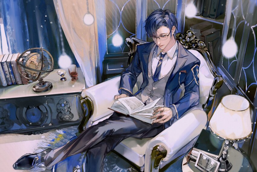 1boy, armchair, black_pants, black_shoes, blazer, blue_eyes, blue_hair, blue_jacket