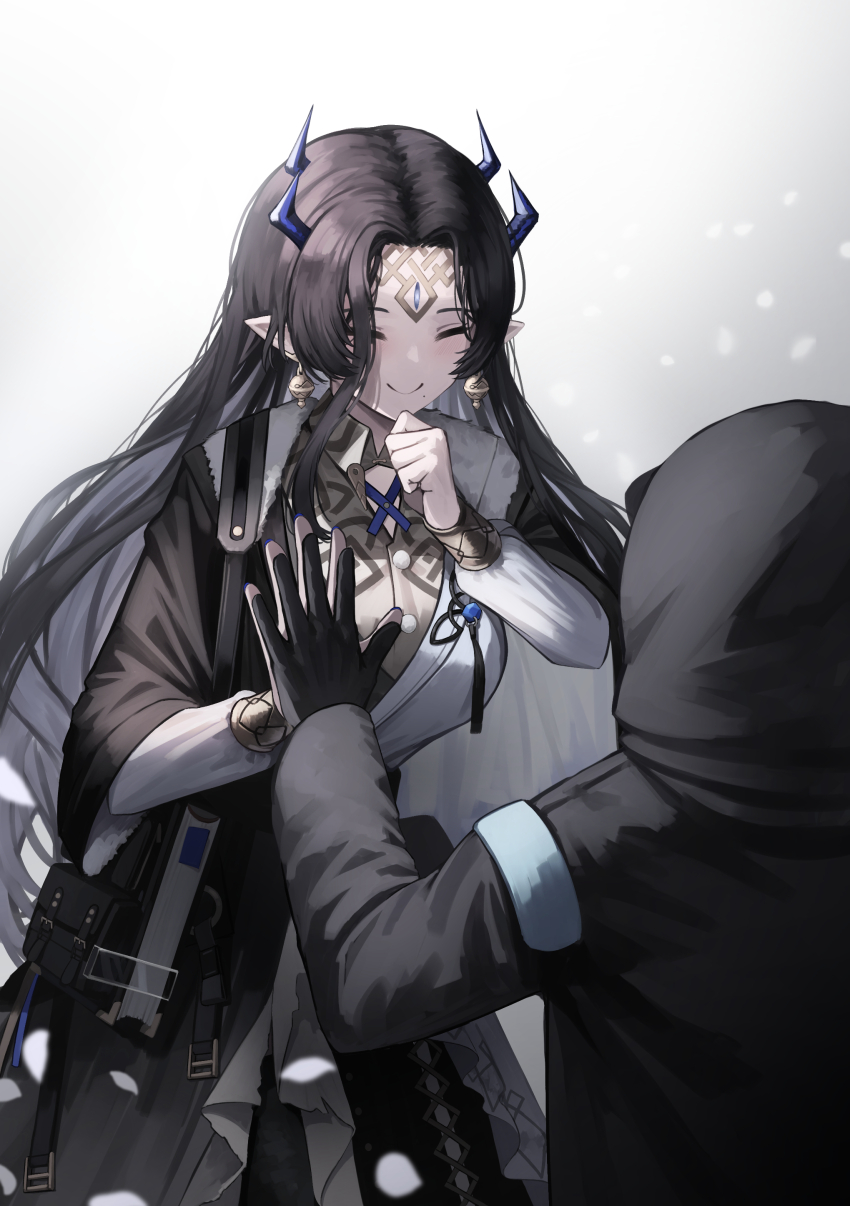 1girl, 1other, absurdres, arknights, bag, bell, bell_earrings, black_gloves