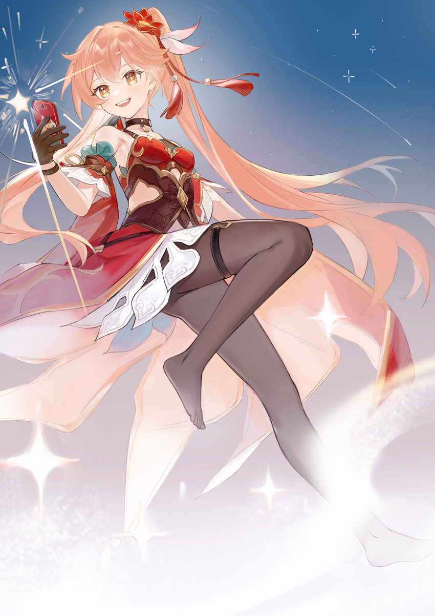 1girl, :d, bare_shoulders, black_gloves, black_pantyhose, breasts, camera_flash, cellphone