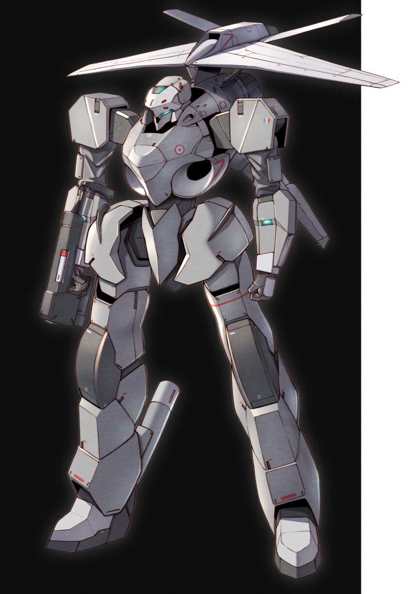 absurdres, black_background, commentary, concept_art, dassault_rafale, drone, english_commentary, exhaust, france, french_air_force, highres, light, machinery, mecha, mechanization, no_humans, original, robot, roundel, science_fiction, takahashi_masaki, thrusters