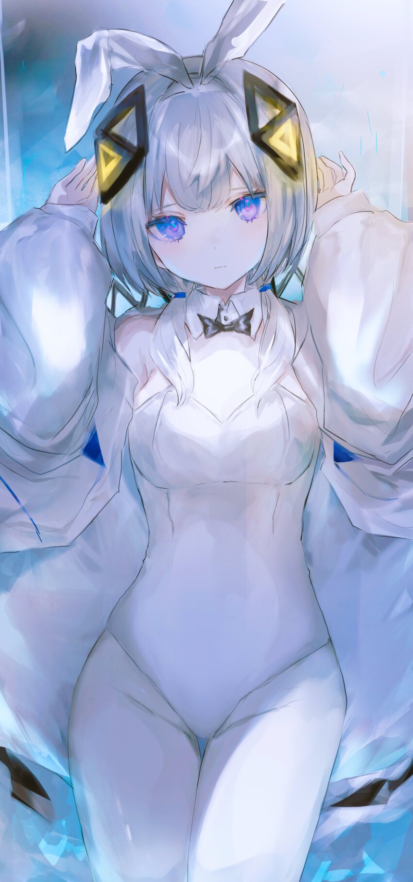 1girl, abstract_background, absurdres, alternate_costume, black_bow, black_bowtie, blue_eyes, bow, bowtie, breasts, cevio, closed_mouth, commentary_request, cowboy_shot, detached_collar, diamond_hair_ornament, grey_hair, hair_over_shoulder, hands_up, highleg, highleg_leotard, highres, jacket, kafu_(cevio), kamitsubaki_studio, leotard, long_sleeves, looking_at_viewer, low_twintails, medium_breasts, mnemo, multicolored_eyes, off_shoulder, open_clothes, open_jacket, playboy_bunny, puffy_long_sleeves, puffy_sleeves, purple_eyes, solo, standing, strapless, strapless_leotard, thigh_gap, twintails, white_jacket, white_leotard