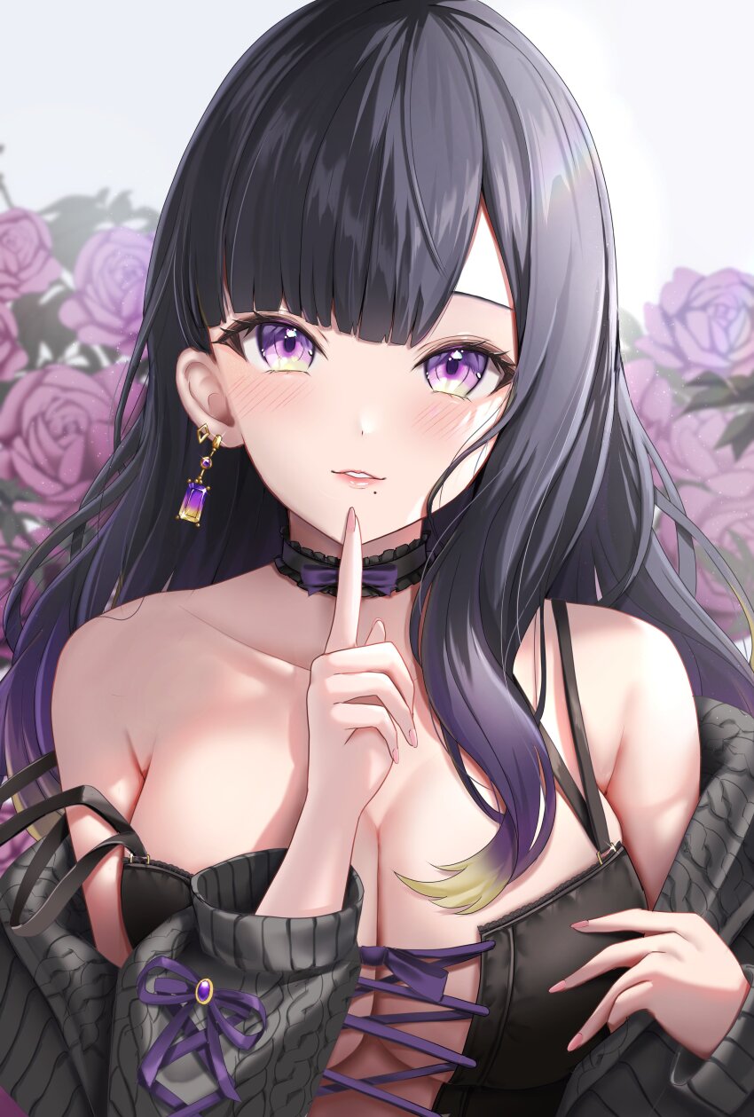 1girl, absurdres, black_hair, blonde_hair, blush, breasts, collarbone, dot_nose, earrings, eyelashes, fingernails, glint, highres, jewelry, large_breasts, lips, long_hair, looking_at_viewer, mole, mole_under_mouth, multicolored_hair, nail_polish, off_shoulder, parted_lips, pink_nails, purple_eyes, purple_hair, shinosaki_honoa, sparkle, stardust_virtual_studio, strap_slip, tagme, uni_ikura, upper_body, virtual_youtuber