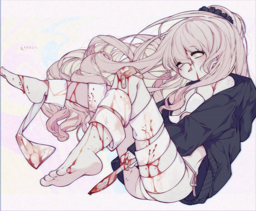 1girl, bandaged_leg, bandages, bandaid, bandaid_on_leg, barefoot, black_sweater, blood, blood_on_face, blood_on_leg, hair_flowing_over, highres, holding, holding_knife, huyucai, implied_injury, knife, licking_lips, long_hair, original, pink_hair, ponytail, self-harm, short_ponytail, sidelocks, sitting, sweater, tongue, tongue_out, underwear, yellow_eyes