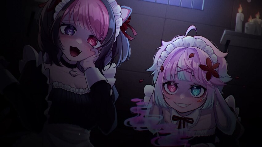 1boy, 1girl, ahoge, animal_ears, blush, candle, cat_ears, cat_girl